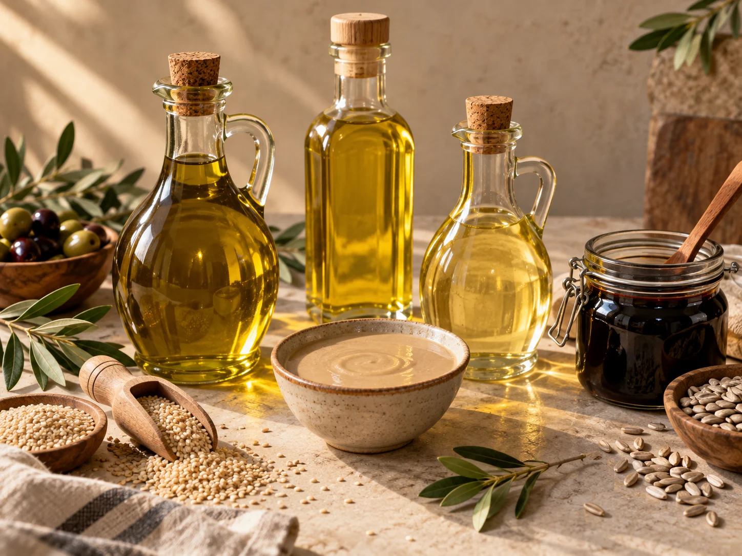 Glass bottles of olive and seed oil