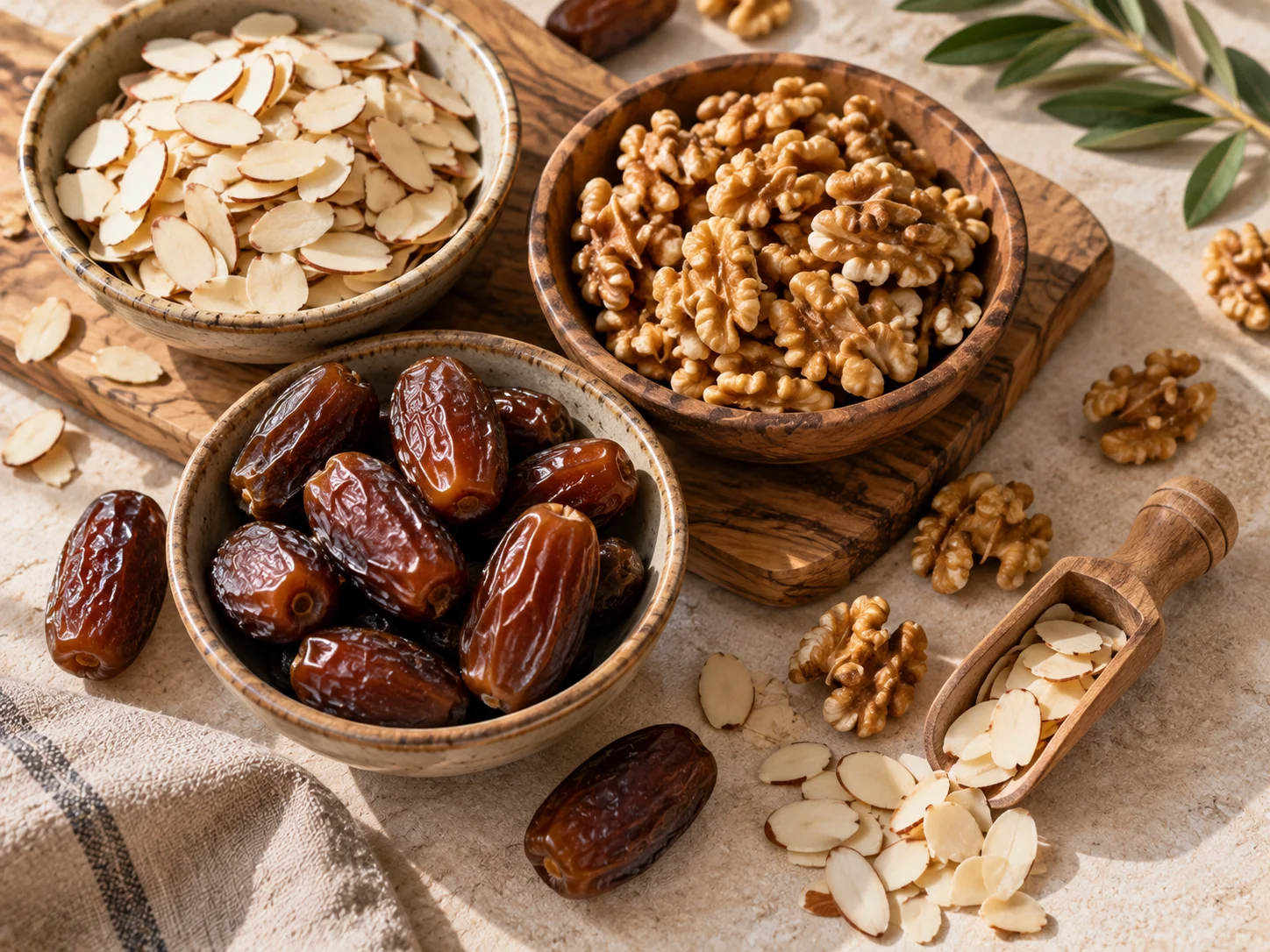 Bowls of almonds, walnuts and dates