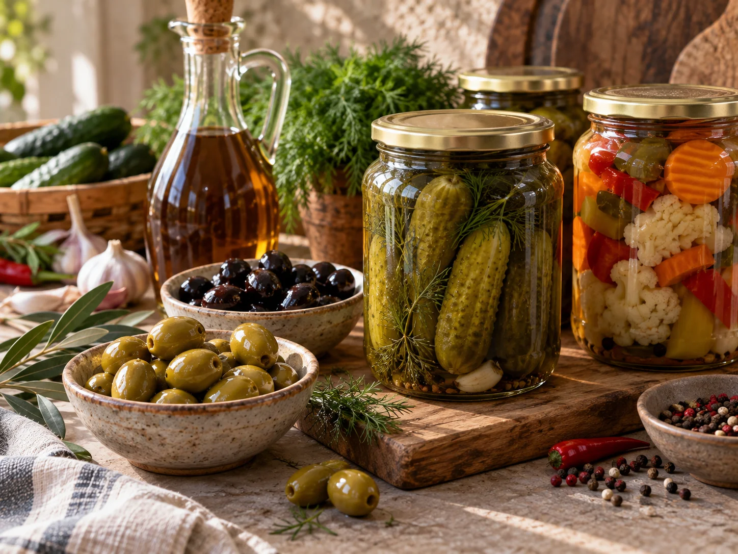 Jars of pickled vegetables and bowls of olives