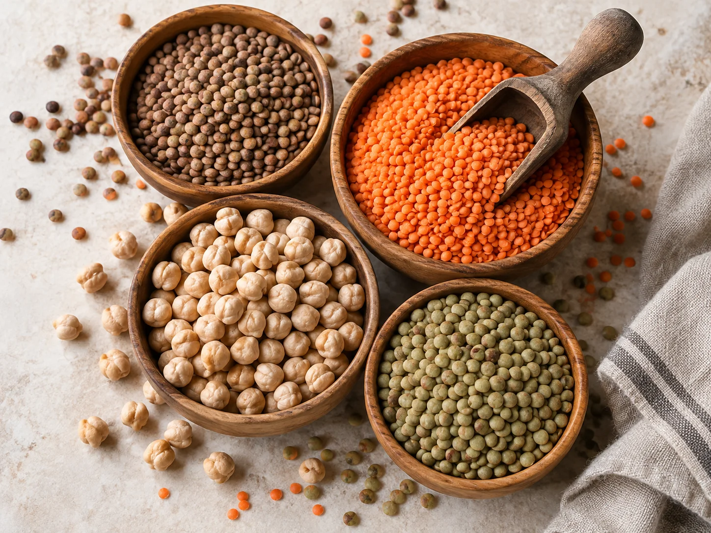 Bowls of dried lentils and chickpeas